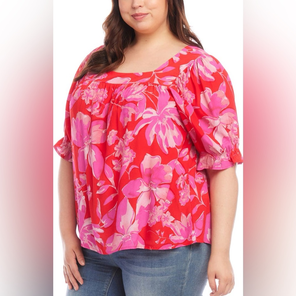 Karen Kane 2X Red & Pink Square Neck Floral Flowy Blouse Top